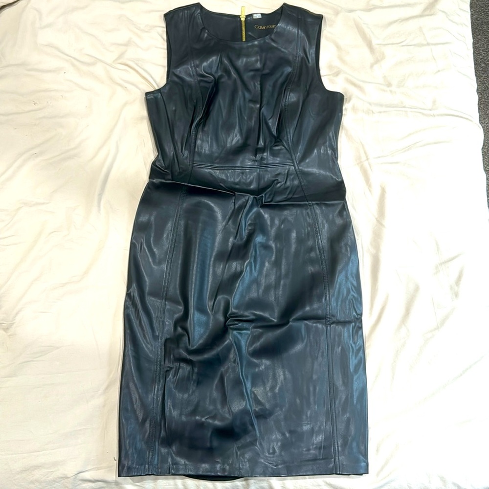 Black Faux Leather Calvin Klein Sleeveless Dress